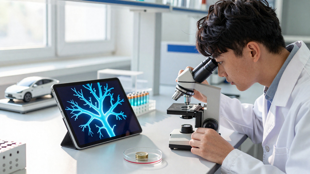 Cientista jovem observando amostra no microscópio com imagem digital de neurônio na mesa do laboratório.