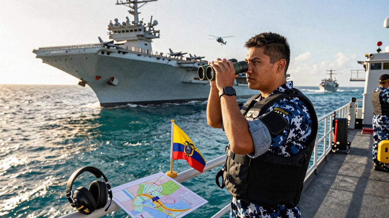 Marinheiro observa com binóculos navio de guerra na água, com bandeira do Equador, durante operação naval.