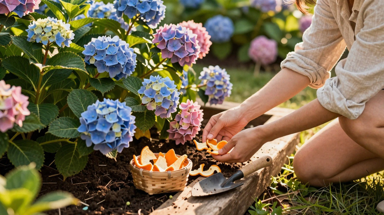 Pessoa coloca cascas de laranja na terra de canteiro com flores de hortênsia rosa e azul.