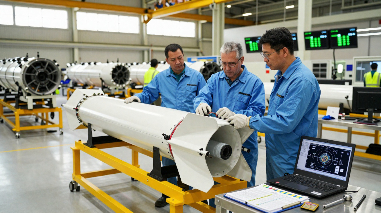 Três técnicos em macaço azul inspecionam componentes de foguete em laboratório industrial moderno.