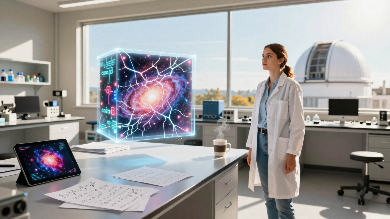 Cientista observa holograma de galáxia em laboratório moderno com janelas grandes e equipamentos científicos.