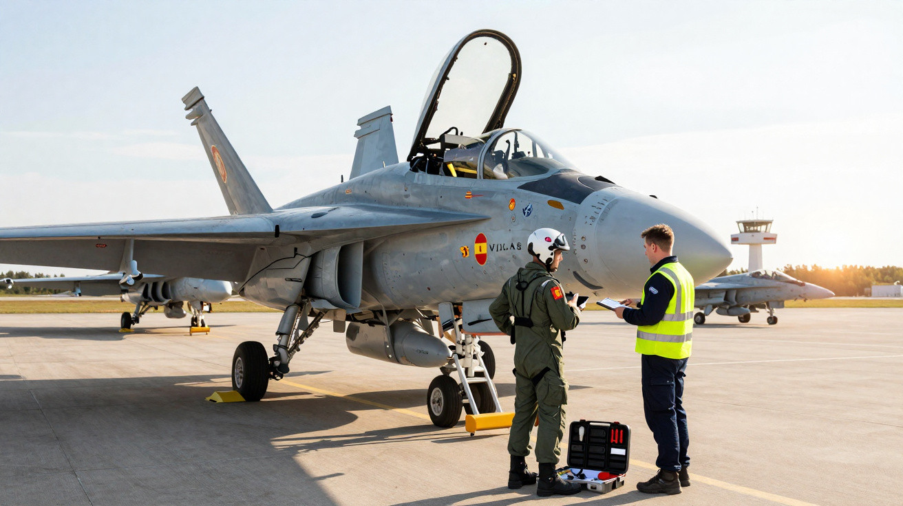 Dois homens, um piloto e um técnico, ao lado de caça militar estacionado em pista de aeroporto.