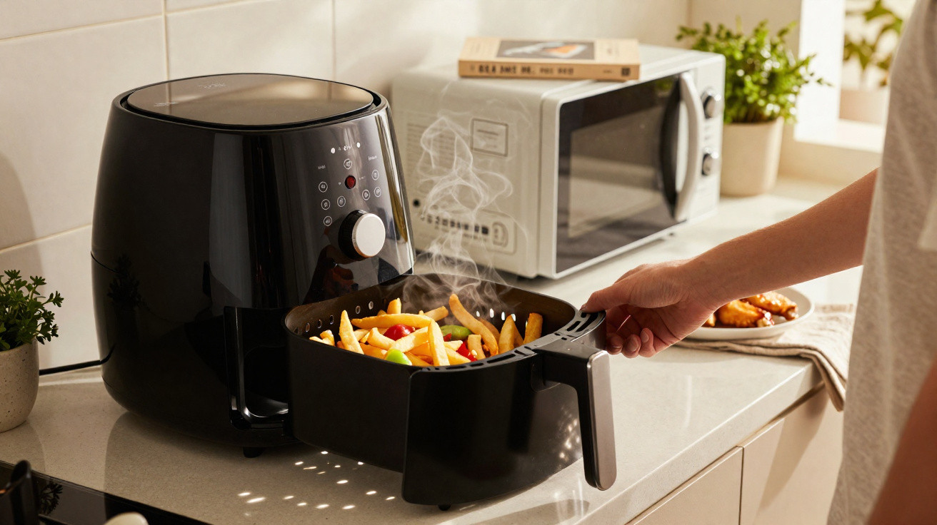 Air fryer preta na bancada da cozinha com batatas fritas quentes sendo retiradas por uma pessoa.