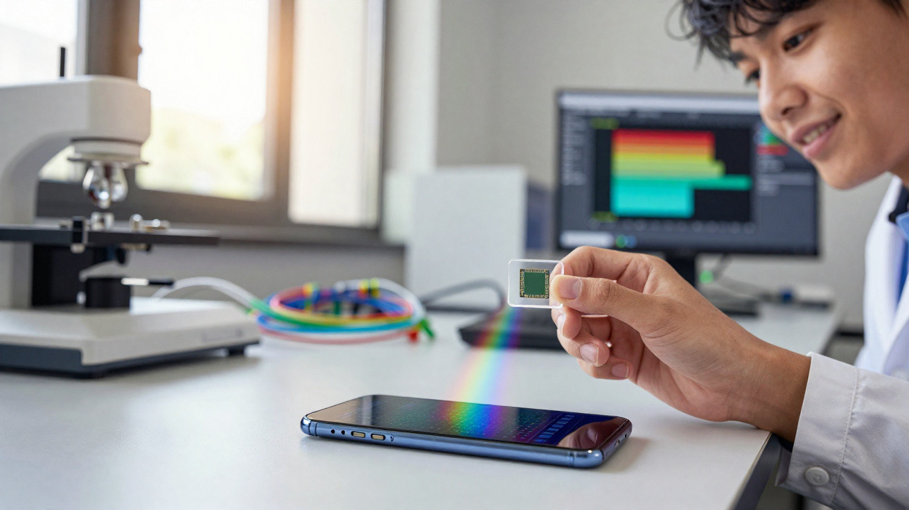 Pessoa em laboratório segurando microchip sobre smartphone com microscópio e computador ao fundo