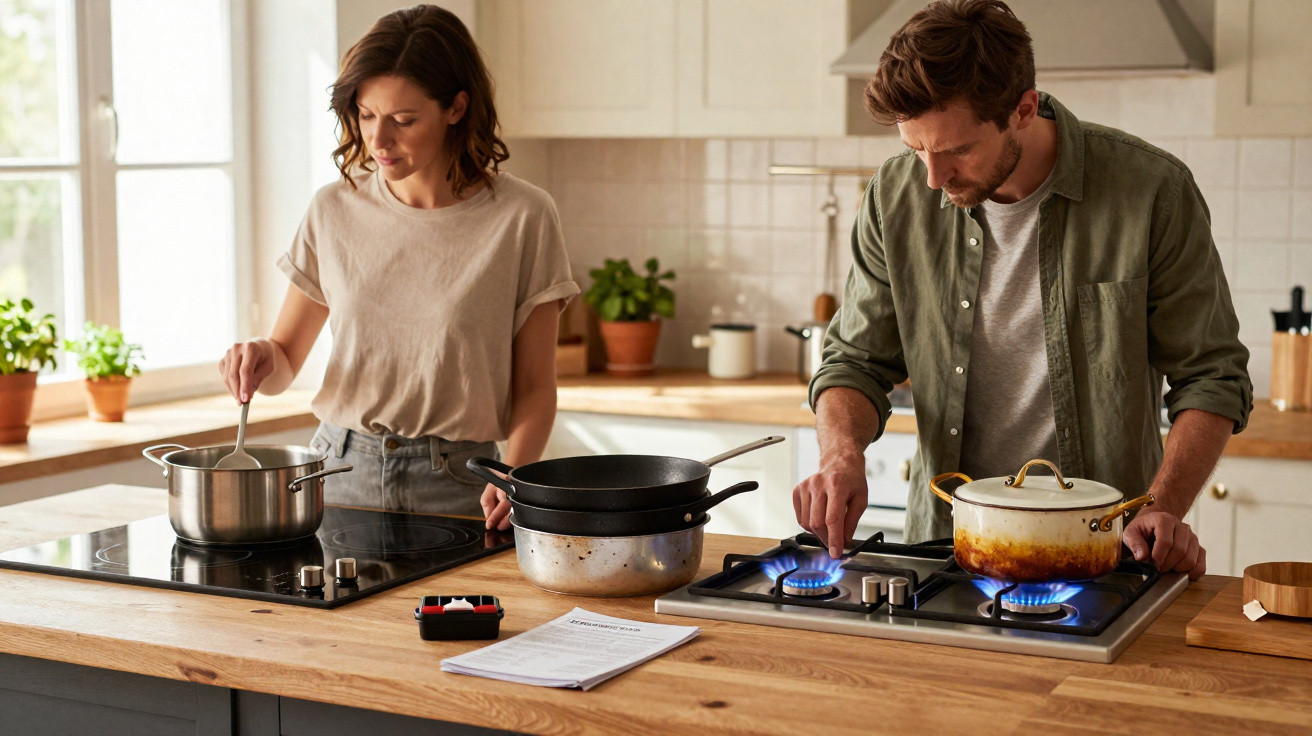Casal cozinhando junto em cozinha moderna com fogão a gás e panelas sobre bancada de madeira.