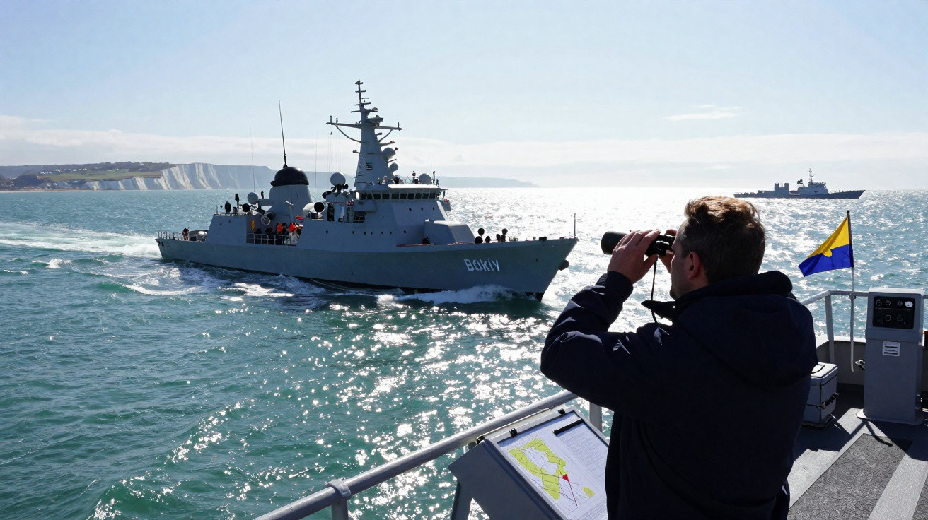 Homem observa com binóculos navio militar cinza navegando em mar calmo com costa ao fundo sob céu claro.