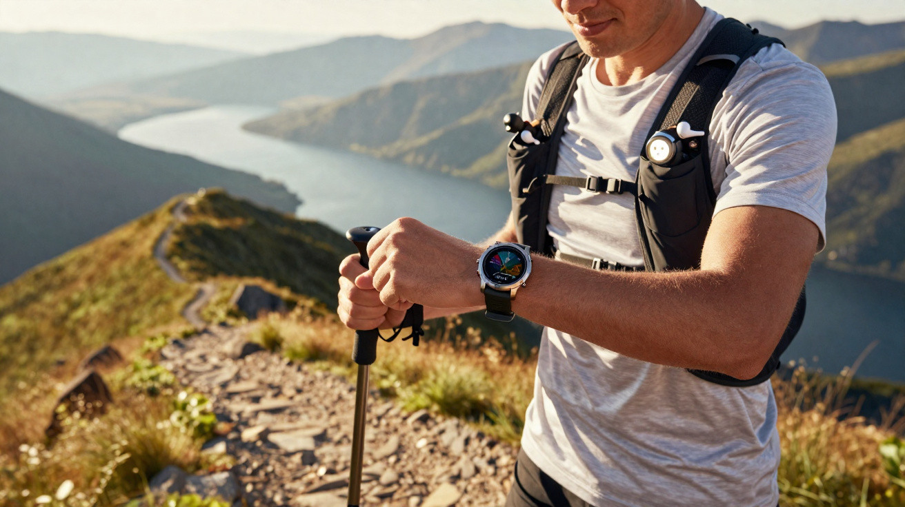 Homem com mochila e bastão de caminhada olhando smartwatch em trilha de montanha com rio ao fundo.