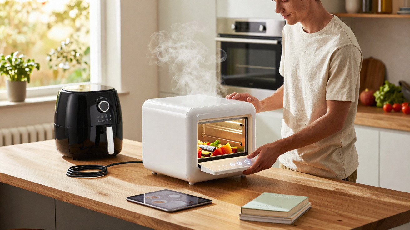 Homem usando forno elétrico branco em bancada de cozinha moderna com fritadeira sem óleo preta ao lado.