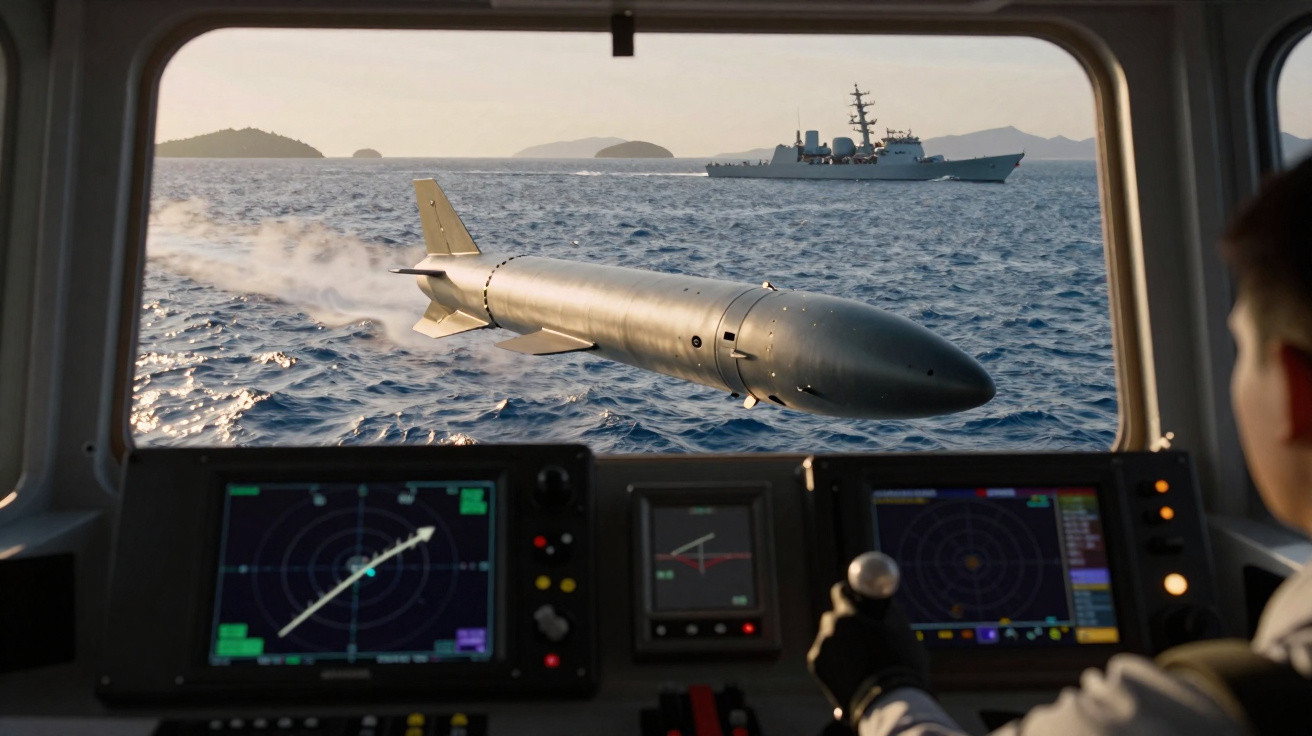 Vista aérea de míssil torpedo em lançamento no mar, com navio militar ao fundo e painel de radar à frente.