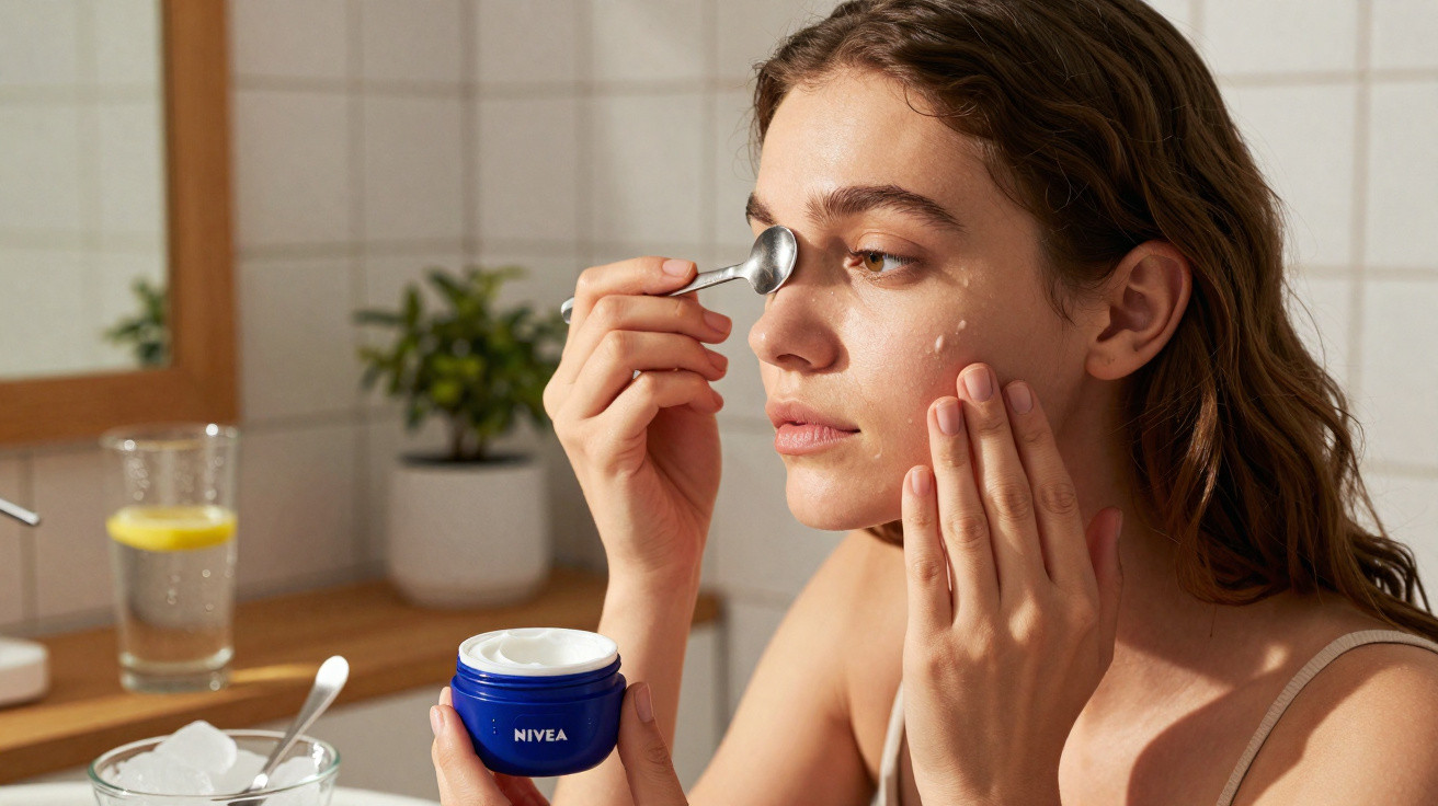 Mulher aplica creme facial com colherzinha, segurando pote azul da Nivea, em banheiro com planta ao fundo.