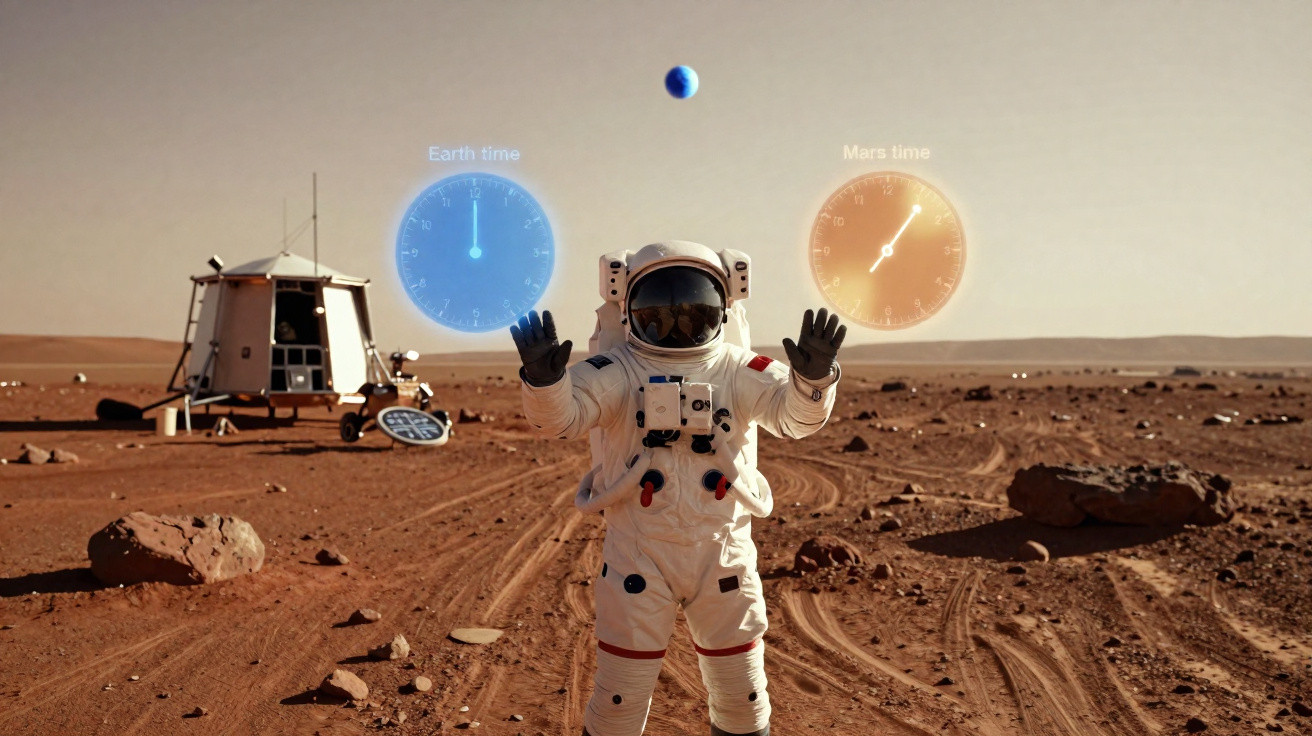 Astronauta em solo marciano interagindo com relógios digitais mostrando horário da Terra e de Marte.