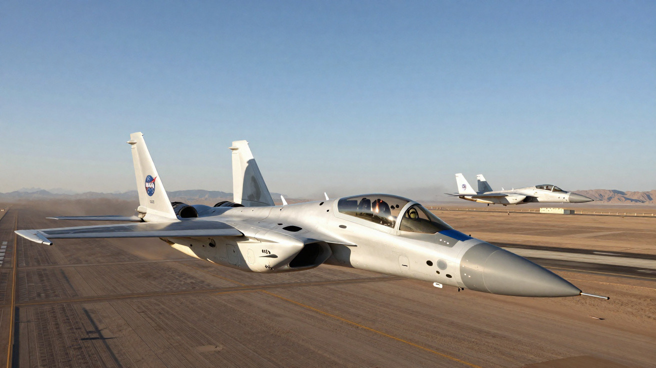 Avião experimental branco da NASA voando baixo sobre pista de teste em ambiente desértico com outro ao fundo.