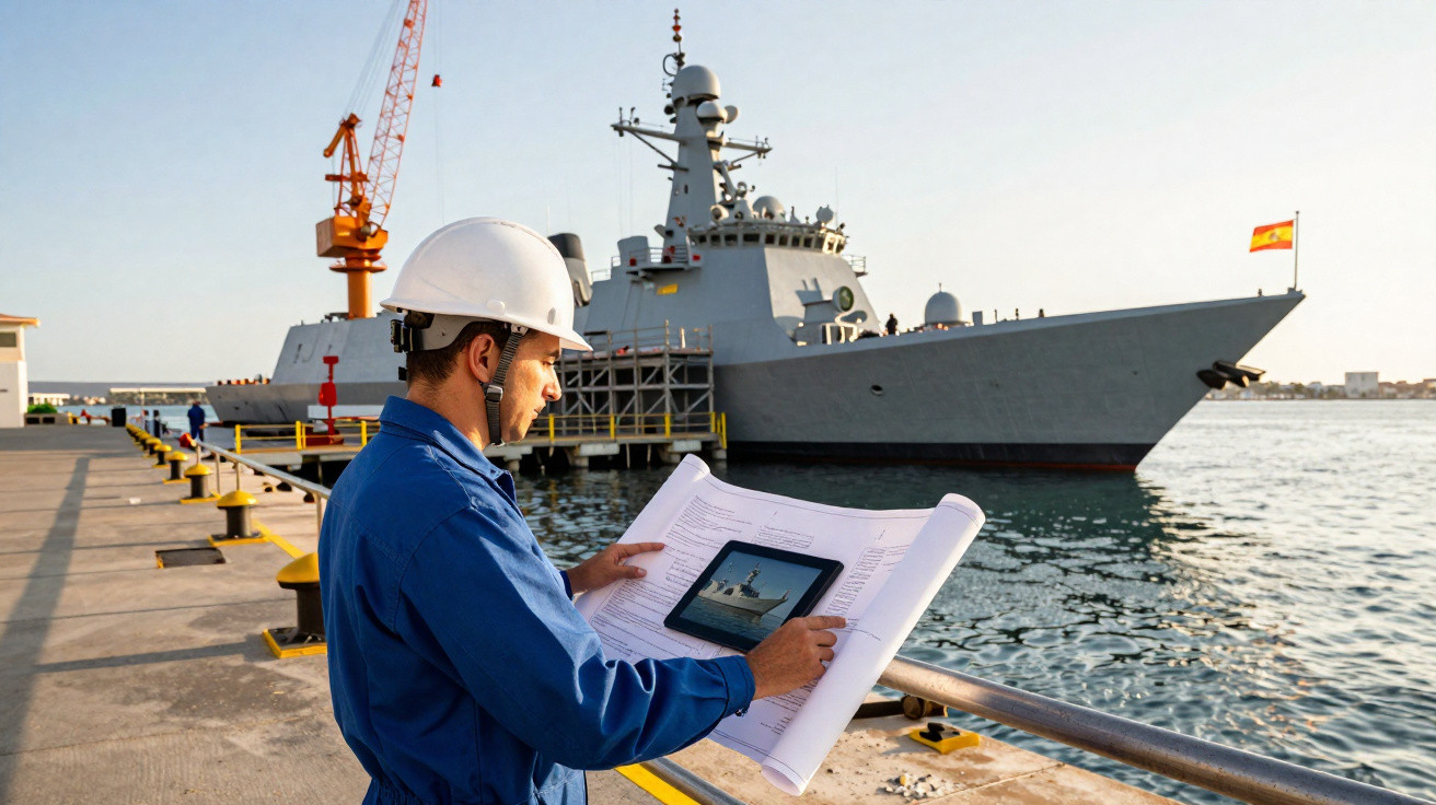 Homem com capacete branco e macacão azul analisa projeto ao lado de navio militar ancorado no porto.