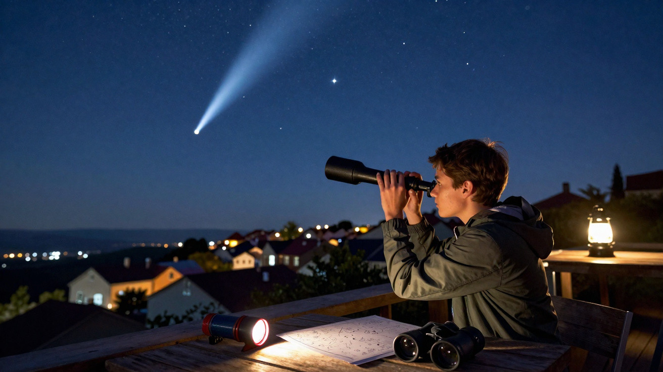 Jovem observa com luneta cometa brilhante no céu noturno em varanda iluminada por lanternas.