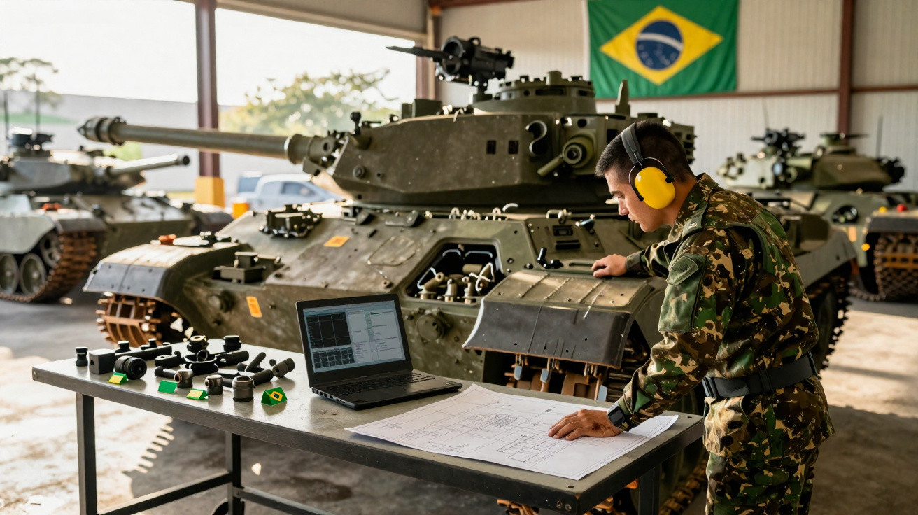 Soldado brasileiro com fones de proteção revisa plantas ao lado de tanque de guerra em galpão com bandeira do Brasil.
