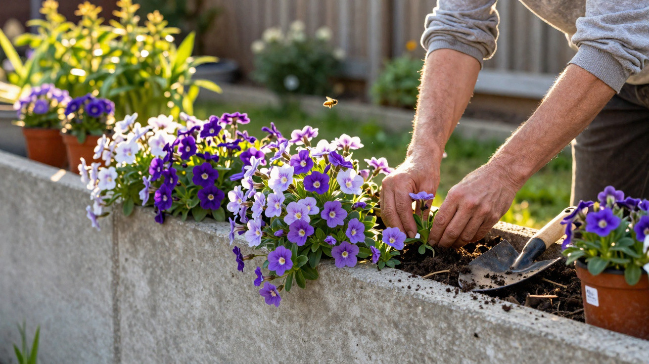 Pessoa plantando flores roxas e lilases em canteiro de concreto em jardim ensolarado.