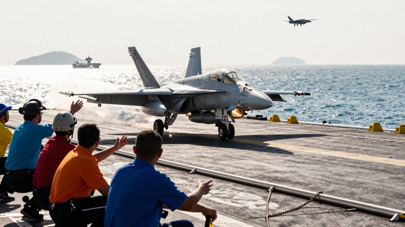 Pessoas coordenam decolagem de jato militar F/A-18 em porta-aviões no mar com outro jato voando ao fundo.