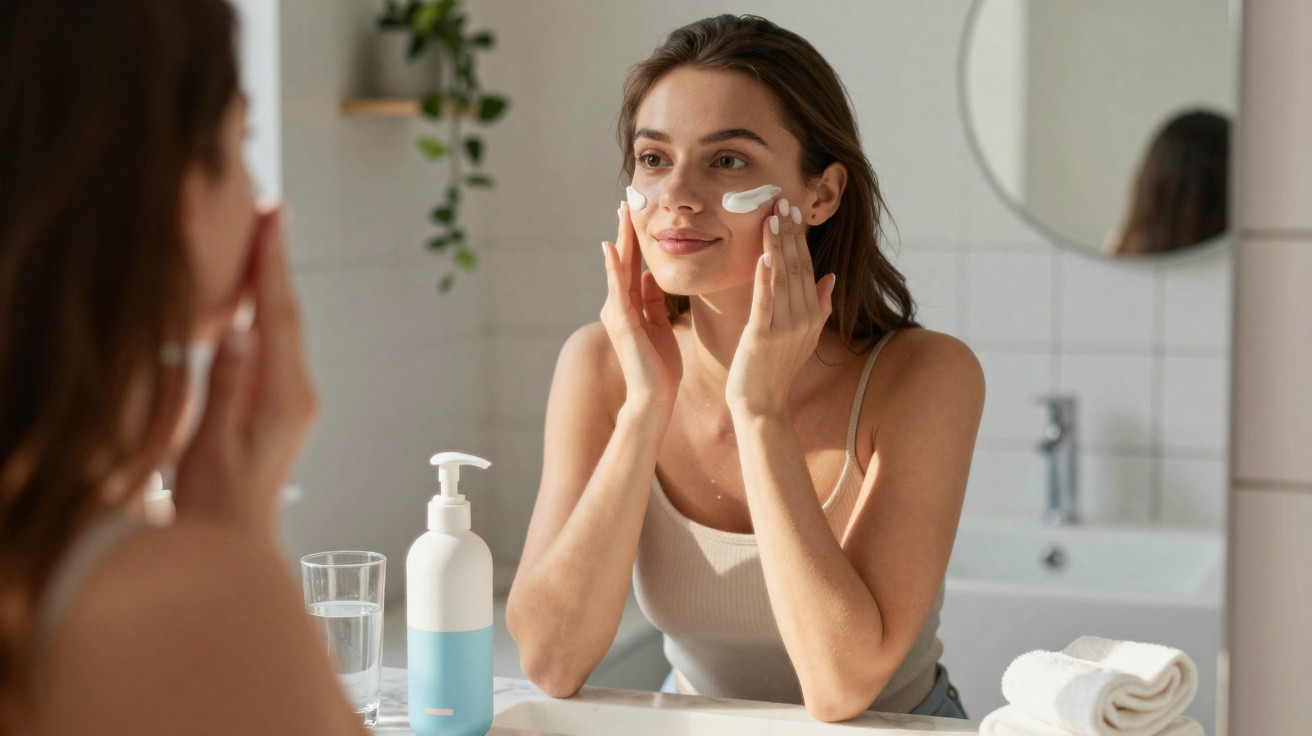 Mulher aplicando creme facial no rosto em frente ao espelho no banheiro.