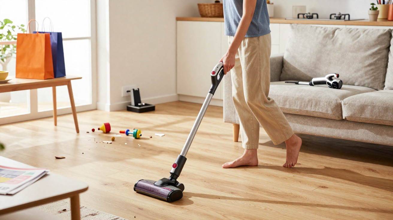 Pessoa utilizando aspirador sem fio para limpar chão de madeira em sala de estar com sofá cinza e brinquedos espalhados.