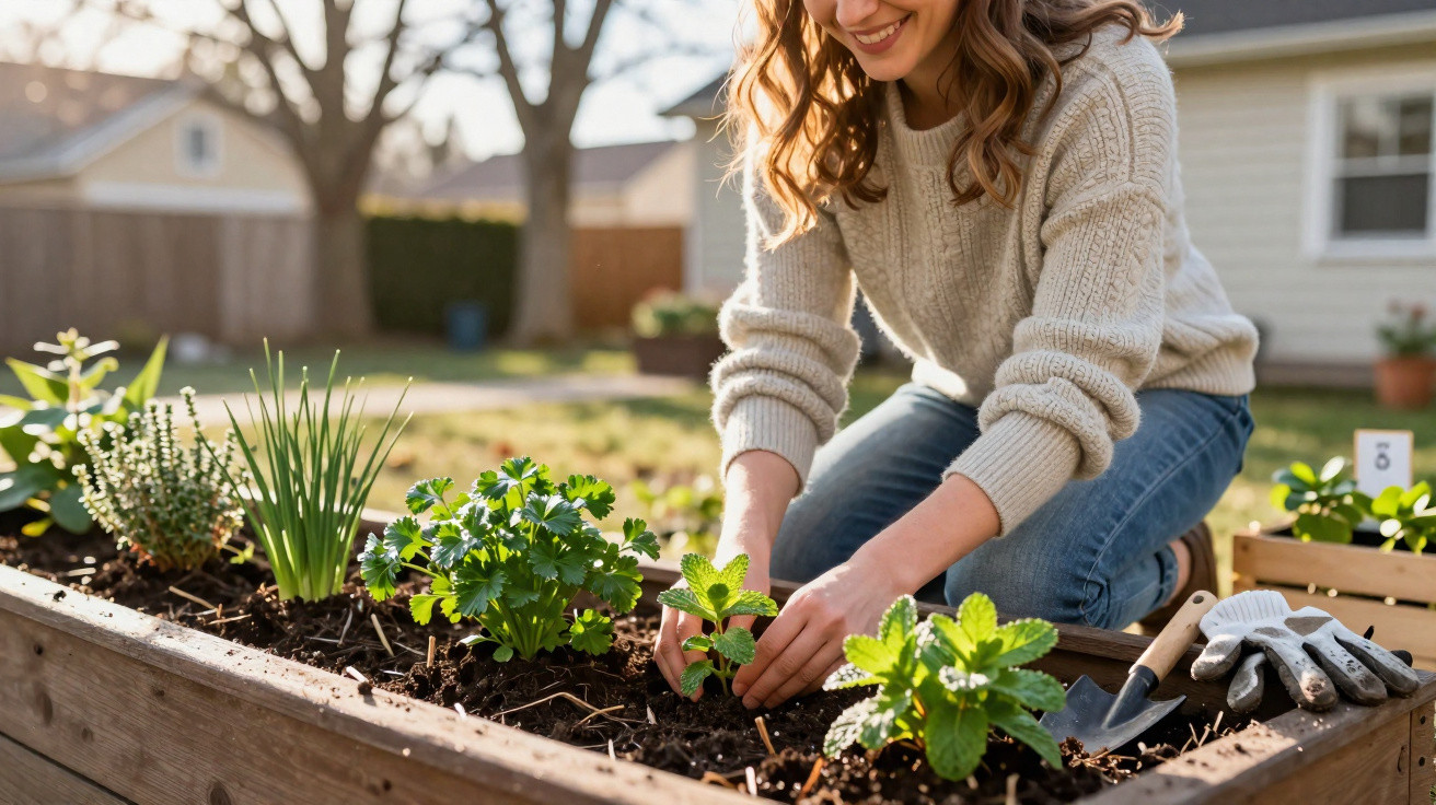 Mulher sorridente plantando ervas em canteiro elevado no jardim de casa em dia ensolarado.