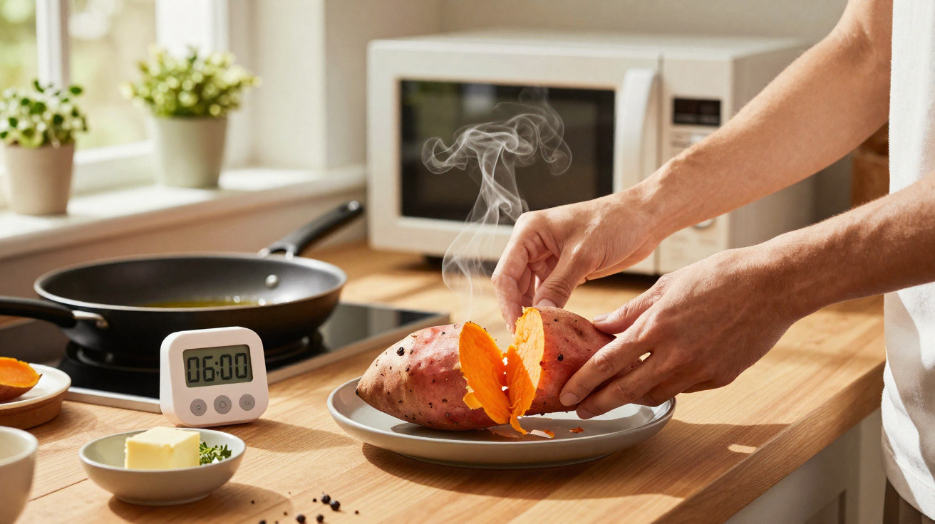 Mãos segurando batata-doce quente sobre prato em cozinha com timer, frigideira e ingredientes ao redor.