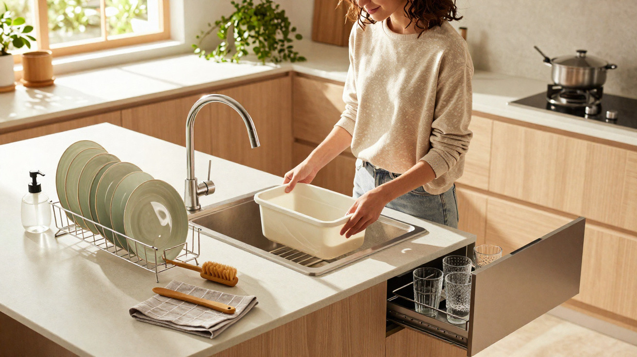 Mulher lavando louça na pia de cozinha clara com pratos, copos e utensílios organizados.
