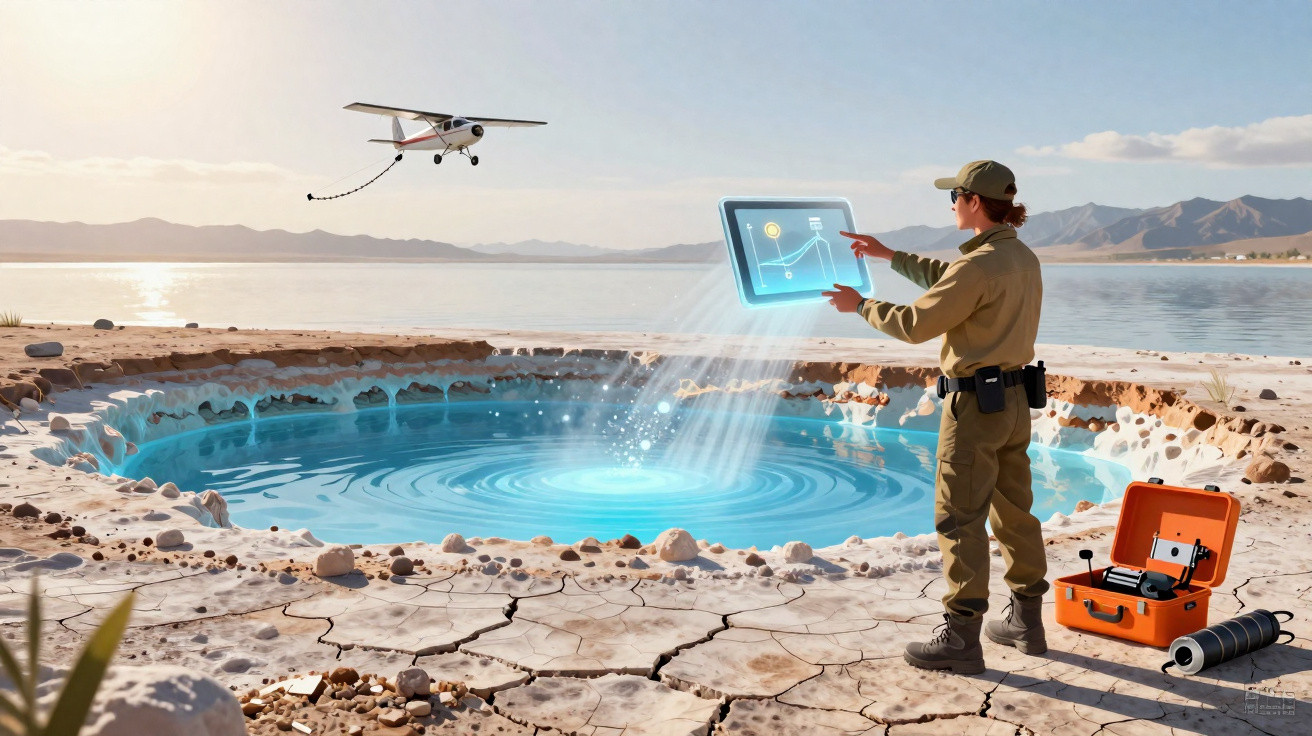 Homem em uniforme operacional interage com painel holográfico perto de lago seco e avião sobrevoando.