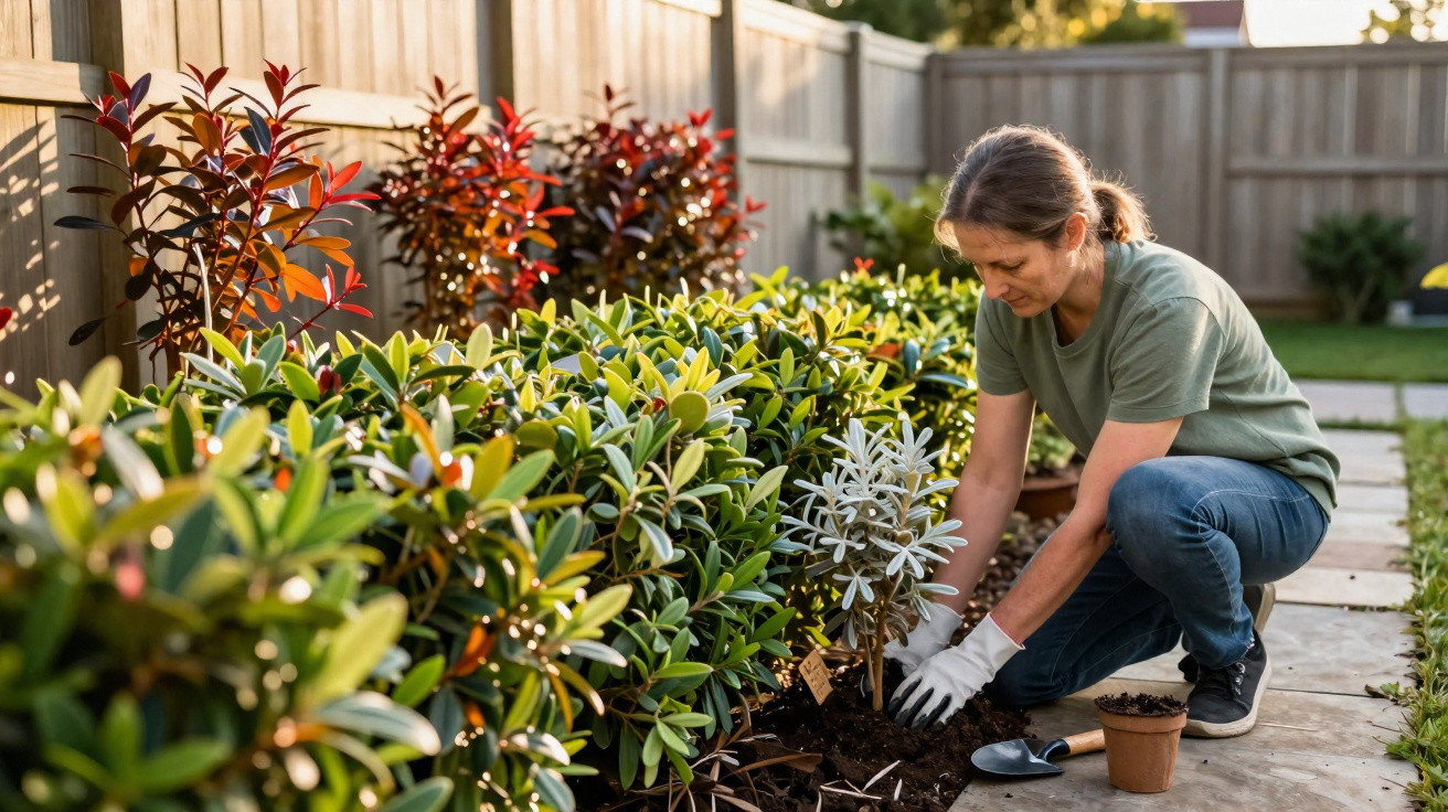 Mulher plantando arbusto em jardim com muro de madeira ao fundo em dia ensolarado.