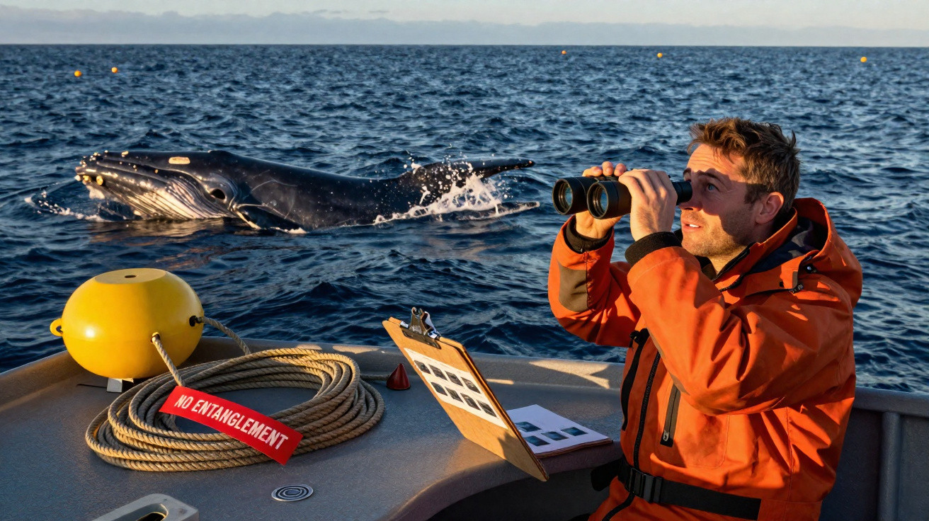 Homem em barco observa baleia com binóculos; baleia emerge próxima à embarcação no mar aberto.