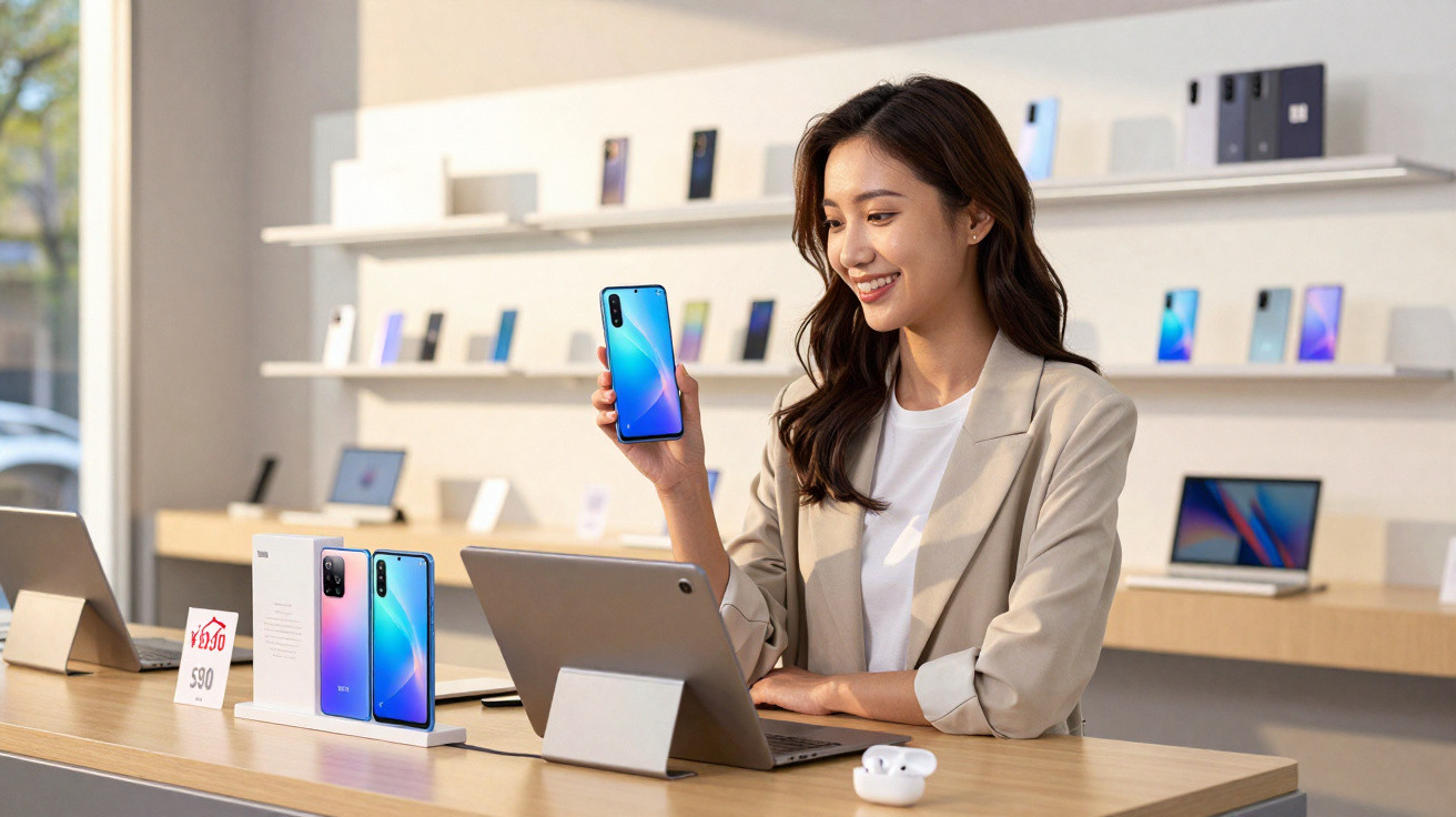 Mulher sorridente mostrando smartphone azul em loja de eletrônicos com tablets e fones sobre a mesa.