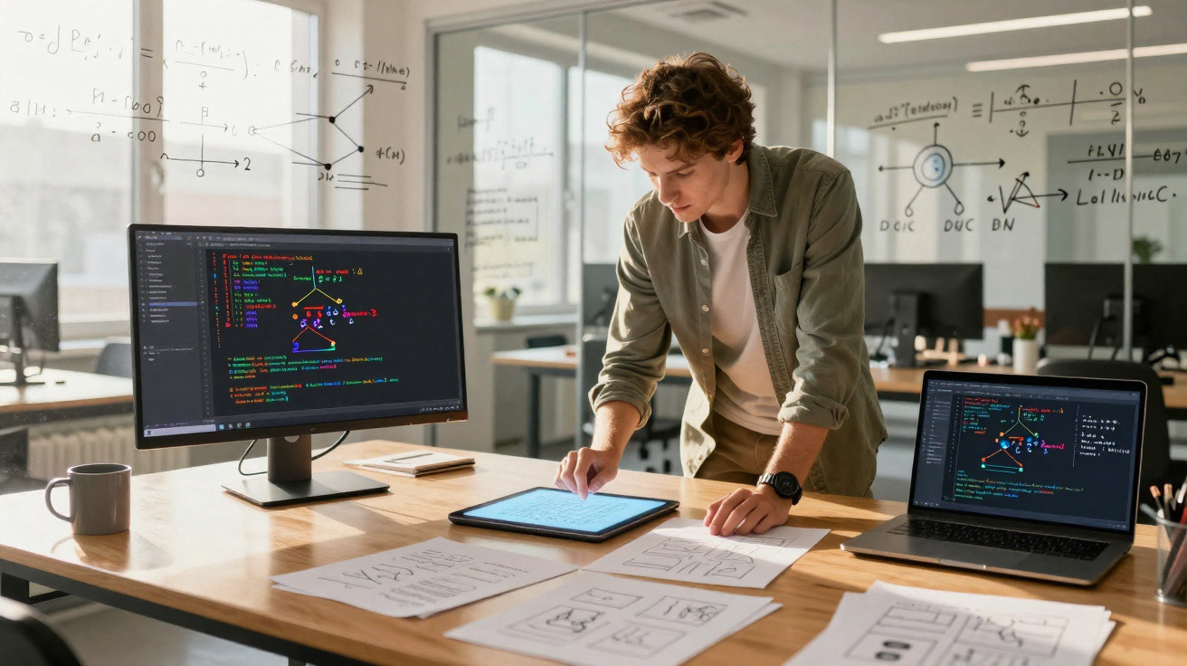 Homem jovem trabalhando com códigos e diagramas em tablet, laptop e monitor em escritório moderno.