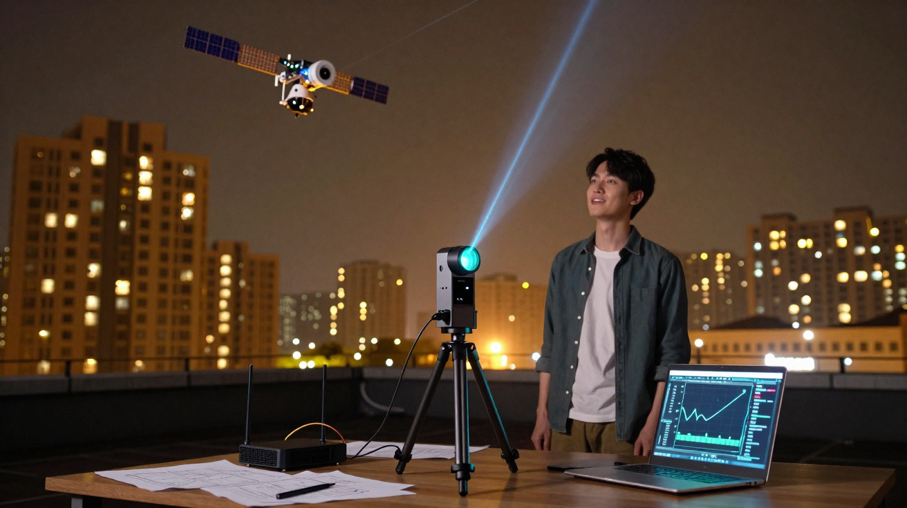 Homem em telhado à noite com projetor, laptop e maquetes de satélite e cidade ao fundo.