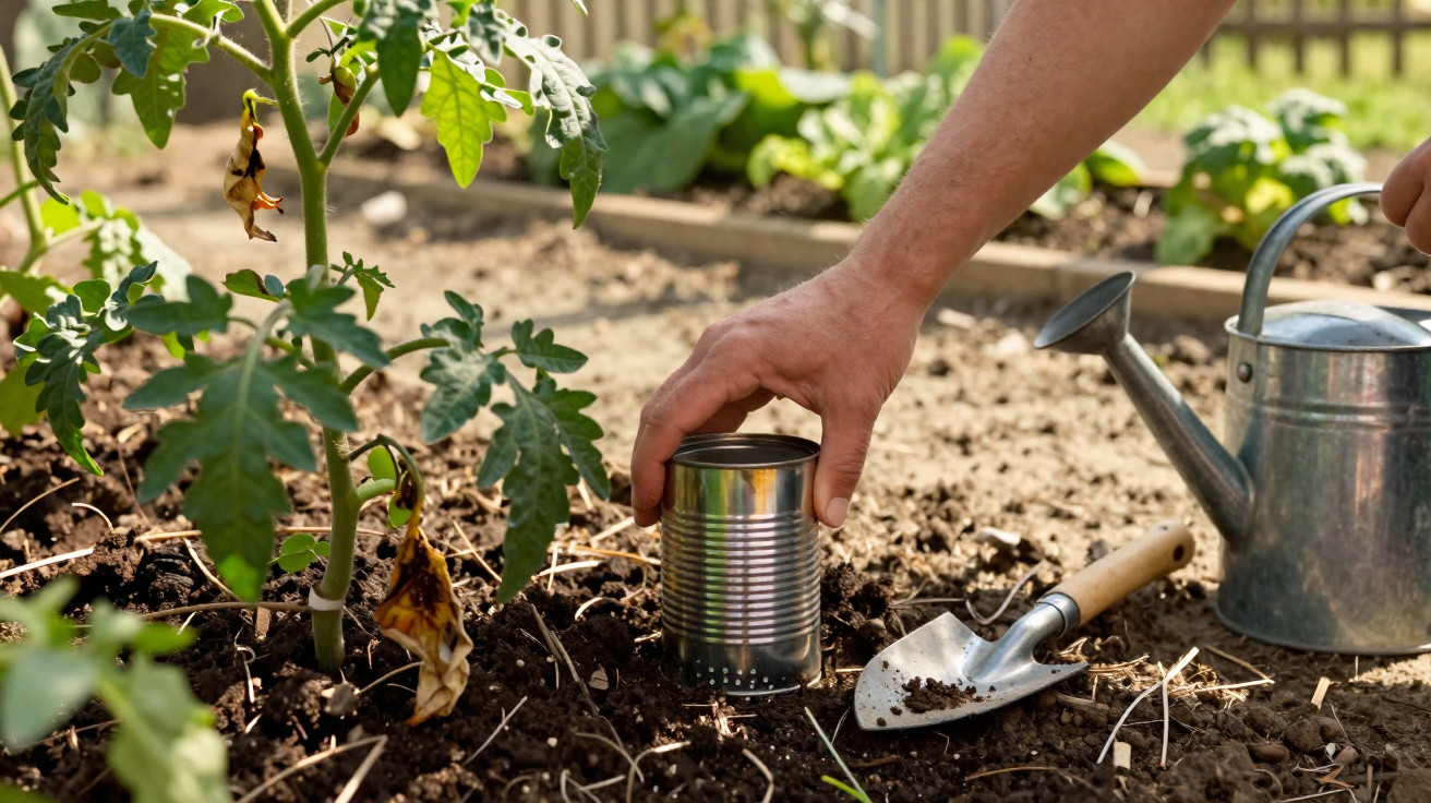 Pessoa usando lata perfurada para proteger planta de tomate em jardim, ao lado de regador e pá.