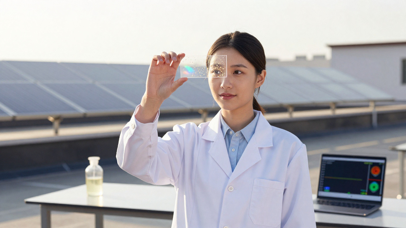Mulher cientista observa lâmina transparente em laboratório ao ar livre com painéis solares ao fundo.