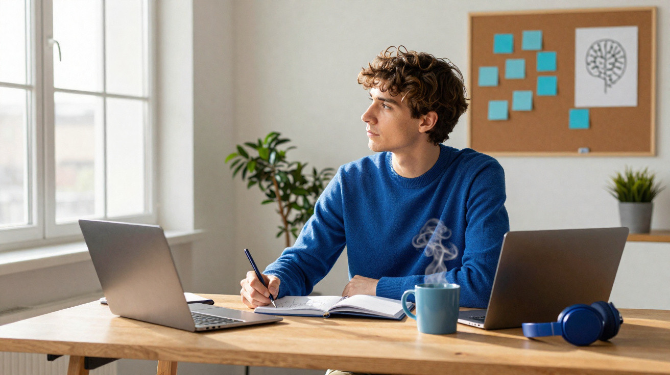 Homem jovem em suéter azul escrevendo em caderno, sentado entre dois laptops em mesa de madeira, olhando pela janela.