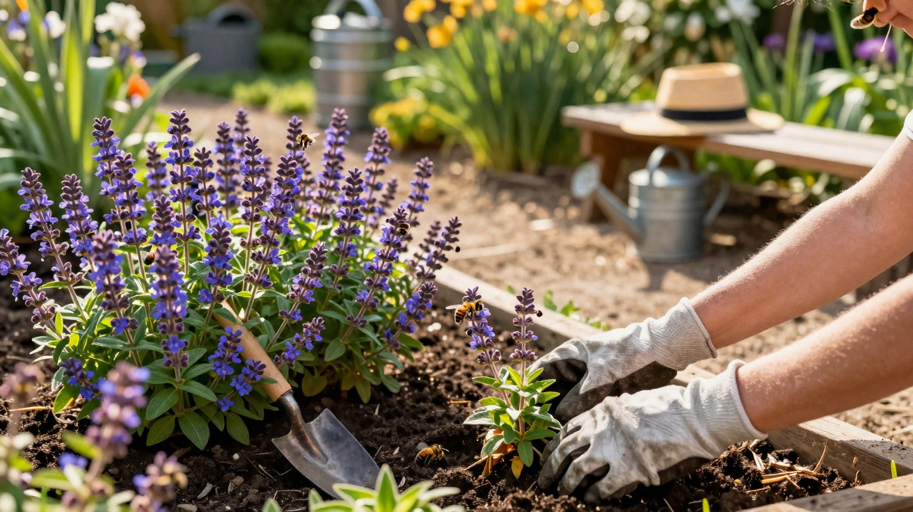 Pessoa plantando flores roxas em um jardim aberto, usando luvas e com ferramentas de jardinagem ao redor.