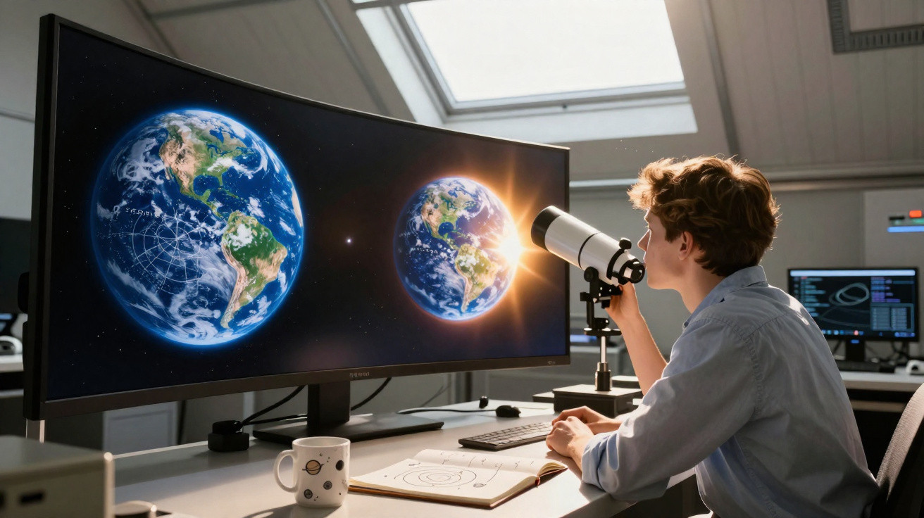Pessoa usando telescópio em ambiente fechado observa imagens da Terra exibidas em tela curva grande.