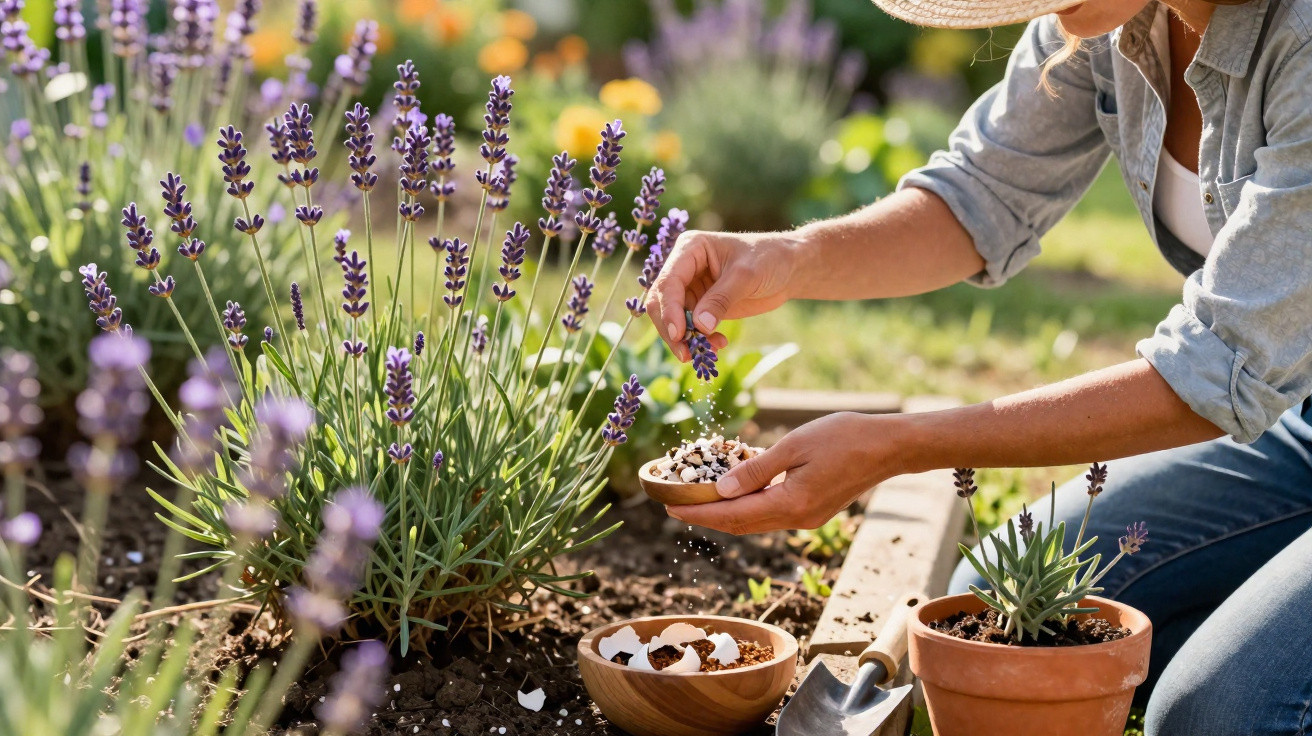 Pessoa plantando lavanda em jardim com chapéu e ferramentas de jardinagem ao redor.