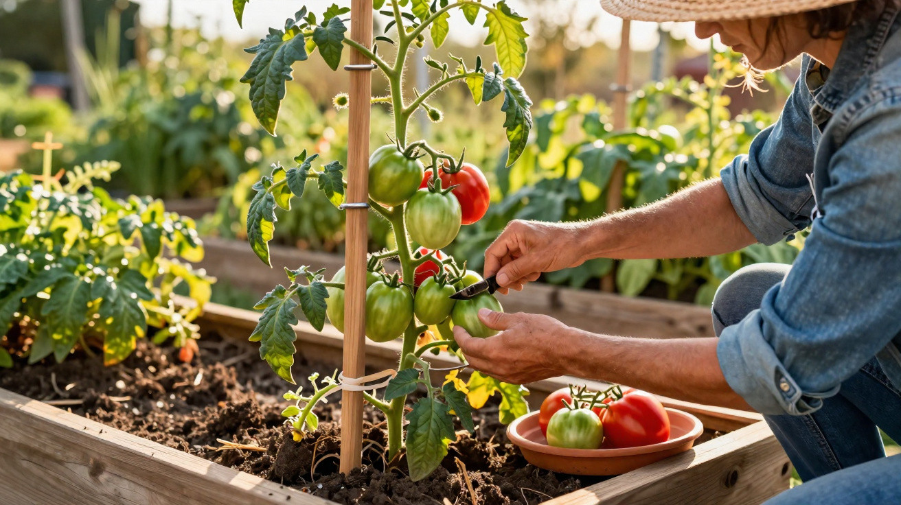 Pessoa colhendo tomates verdes em planta suportada por estaca em horta elevada ao ar livre.