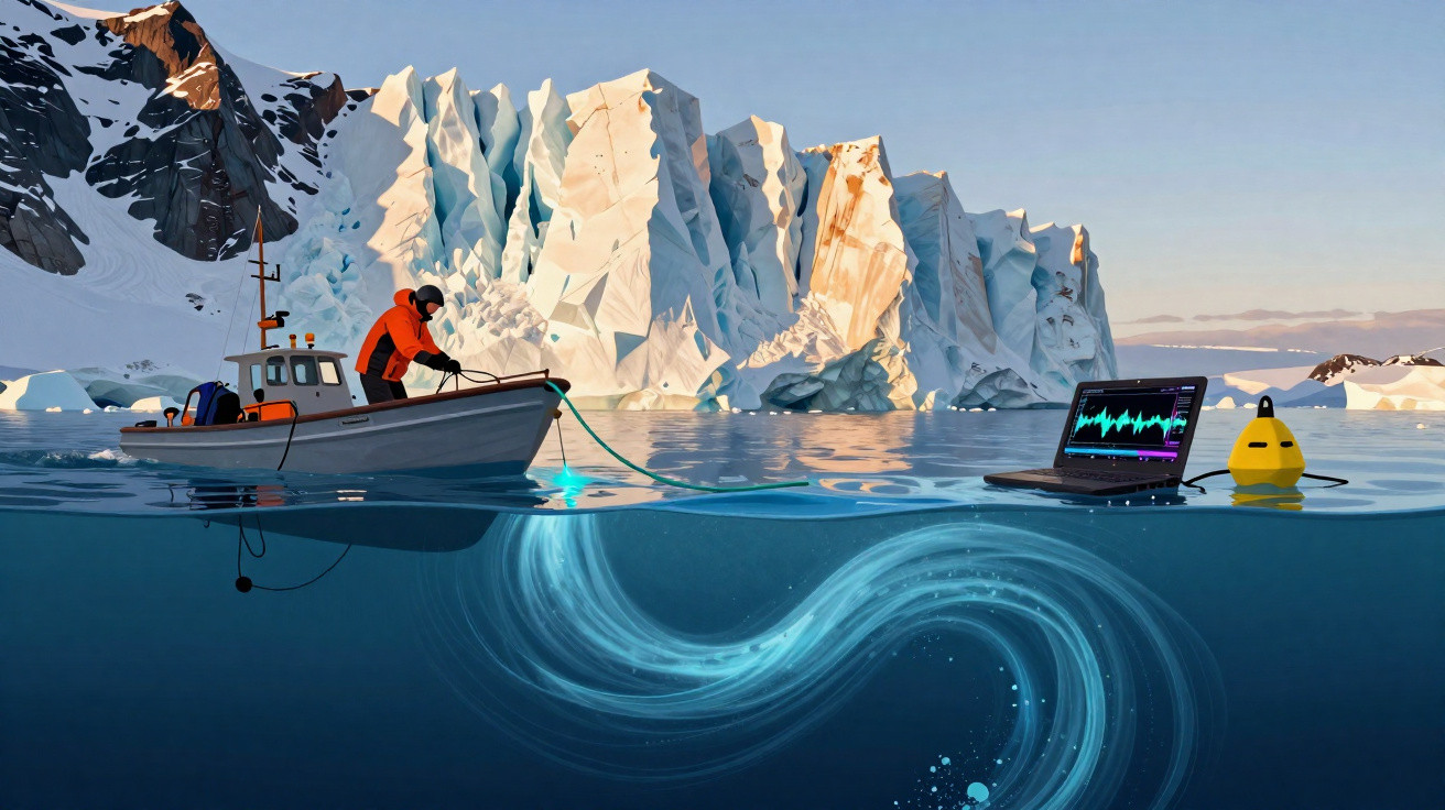 Pesquisador em barco mede ondas sonoras no mar próximo a geleiras em ambiente polar congelado.