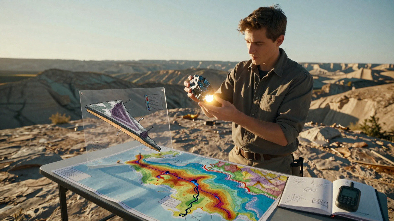 Jovem analisando modelo geológico iluminado sobre mesa com mapa topográfico e caderno em área montanhosa.