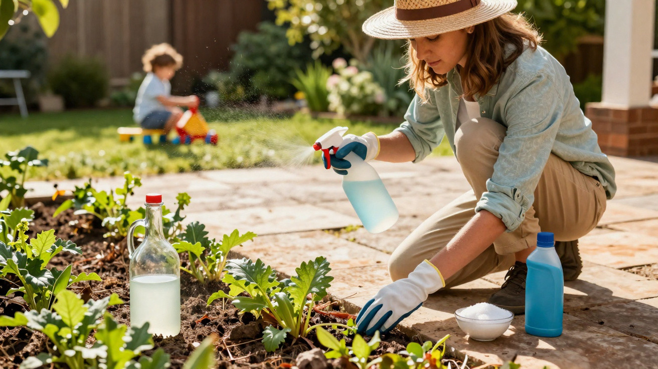 Mulher com chapéu cuidando de plantas com pulverizador no jardim, criança brinca ao fundo.