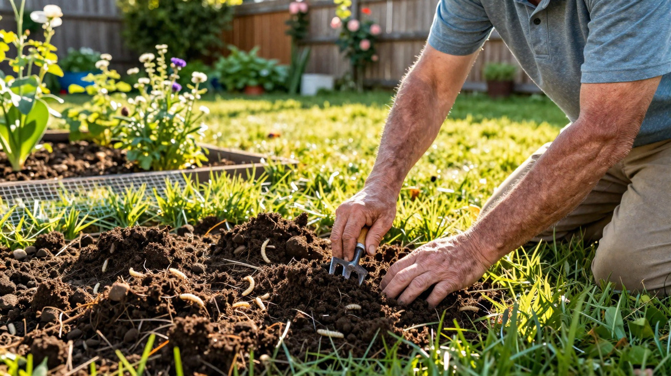 Homem usando ferramenta pequena para cultivar solo em jardim ensolarado e gramado verde.