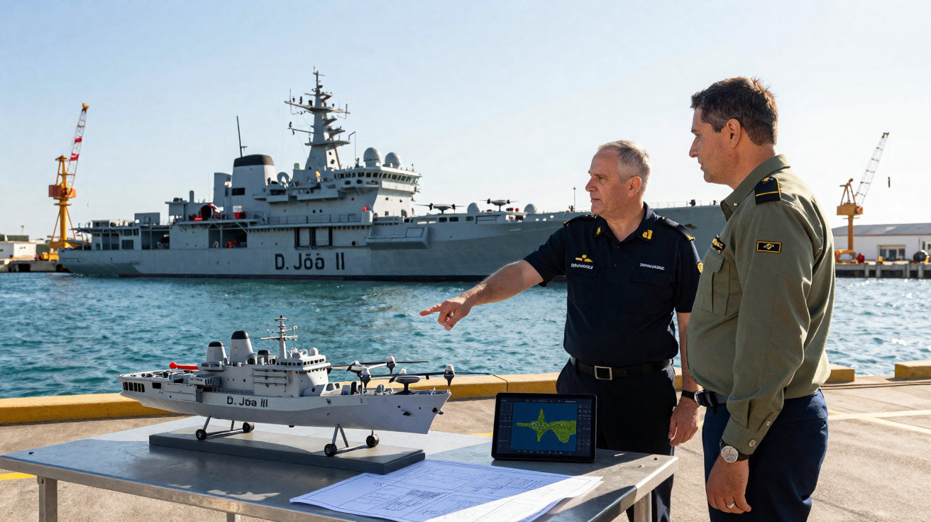 Dois oficiais da marinha discutem ao lado de maquete do navio D. João II em um porto com navio real ao fundo.