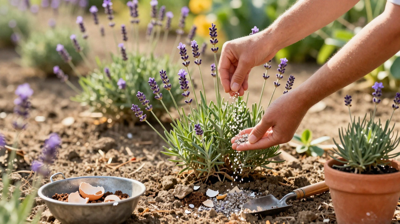 Mãos espalhando fertilizante em planta de lavanda em jardim com terra, pá e cascas de ovos.