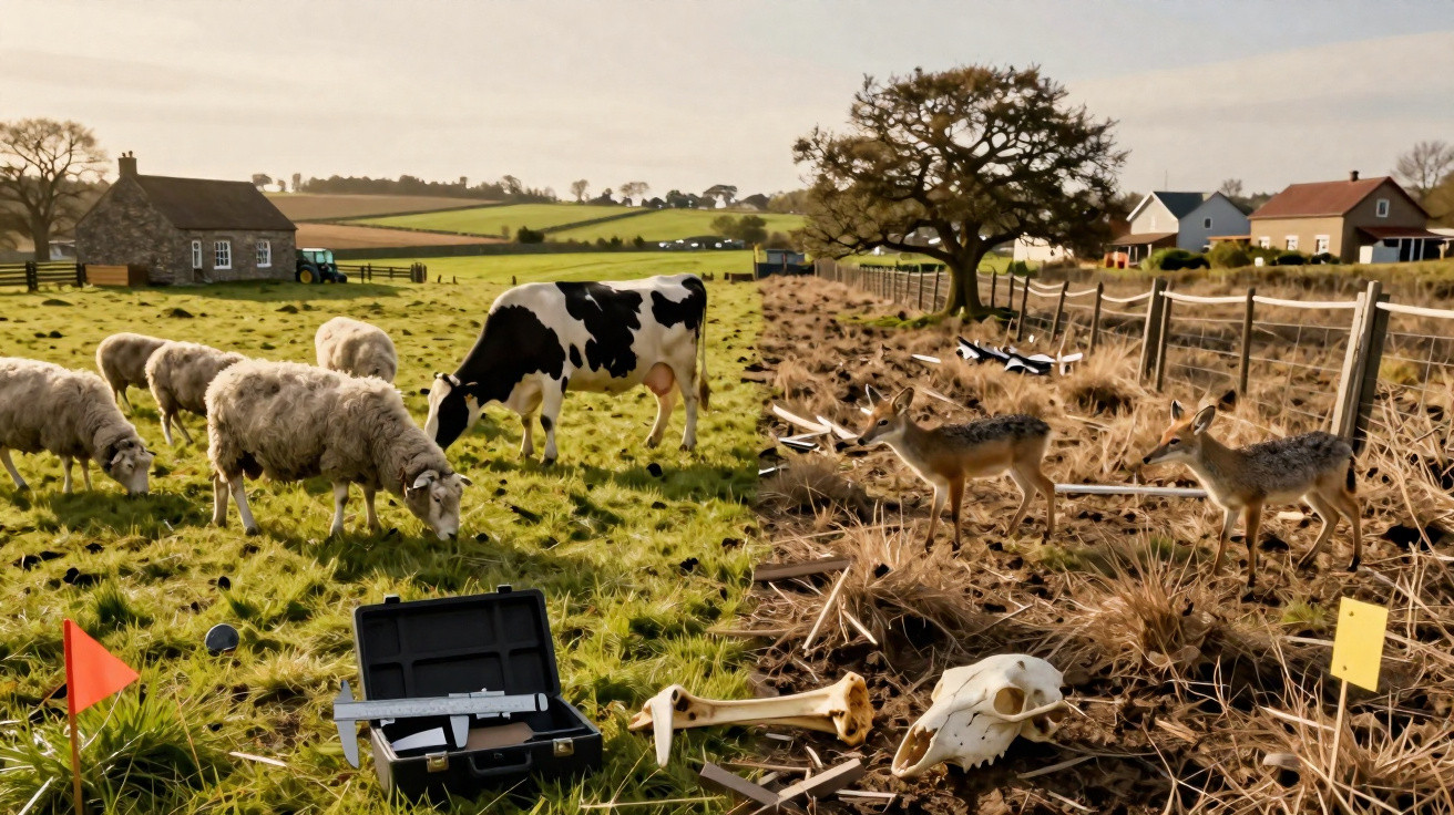 Pastagem dividida entre animais vivos de um lado e restos de ossos e crânios do outro, com casas ao fundo.