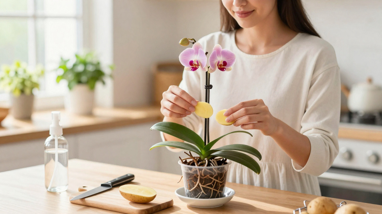 Mulher cuidando de orquídea rosa em vaso na cozinha, retirando pétalas amarelas, com batatas na bancada.