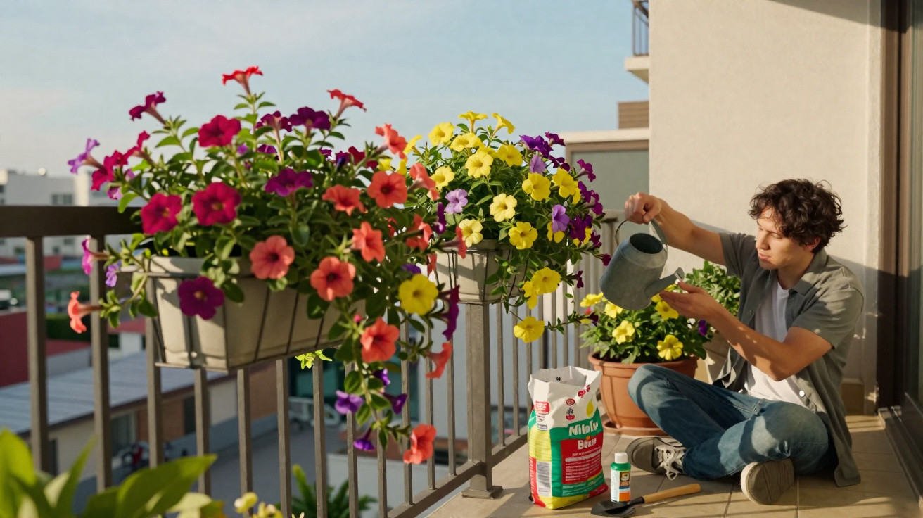 Homem rega flores coloridas em vasos na varanda de apartamento ao pôr do sol.