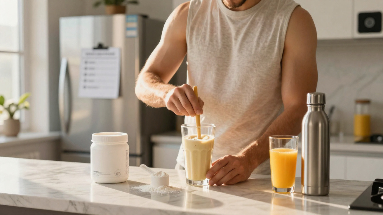 Homem prepara shake proteico na cozinha moderna, com copo de suco e garrafa térmica na bancada.