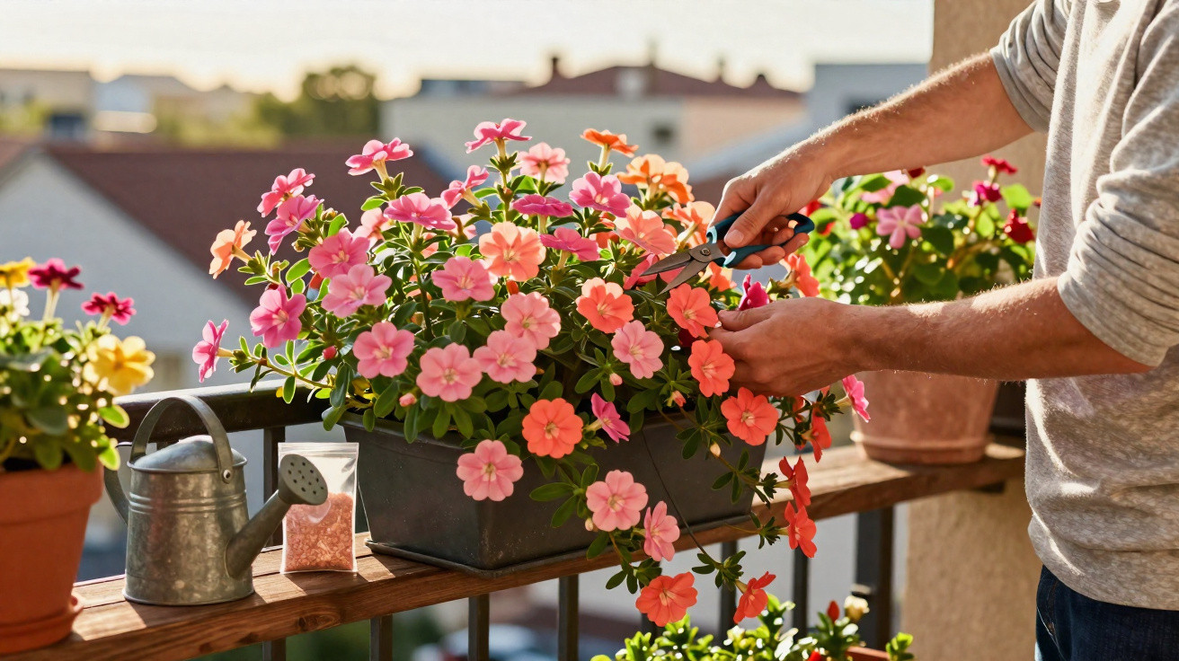 Pessoa podando flores coloridas em floreira de varanda com regador e outros vasos ao redor.